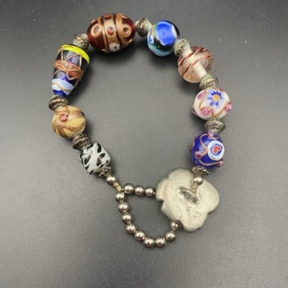 Handmade Lamp Work Glass Bead Bracelet Fits 7" Multicolor Silver Tone Button - Picture 2 of 8